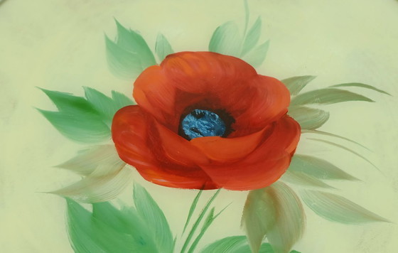 Image 1 of 1930s rotatable CAKE PLATTER glass chrome cake plate floral decor poppy decor