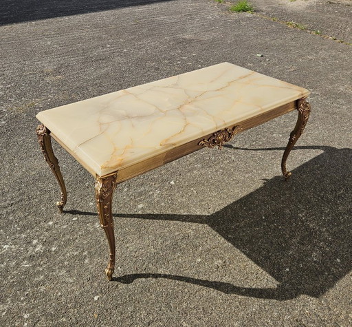 French WHITE Onyx Marble Brass Coffee Table - Style Louis XV 60s