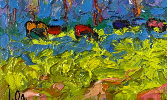 Image 1 of Dipinto ad olio originale, paesaggio naturale colorato, primavera nei prati