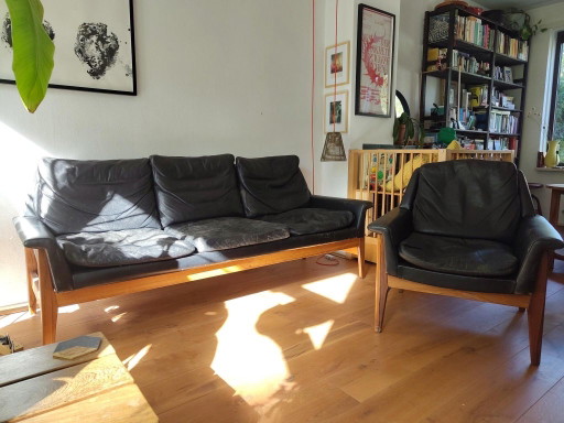 Bovenkamp Set Van Fauteuil En 3-Zits Bank Van Rozenhout En Leer – 3 5 zitsbanken, Leather, Wood
