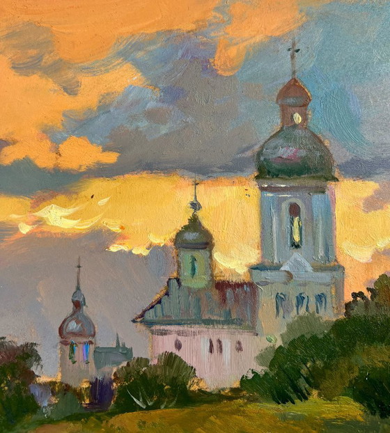 Image 1 of Original Oil Painting Evening Coastal The last rays over the temple