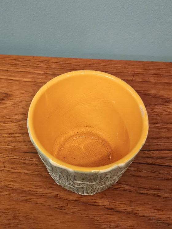 Image 1 of Vintage Earthenware Flowerpot Light Blue Yellow Blue