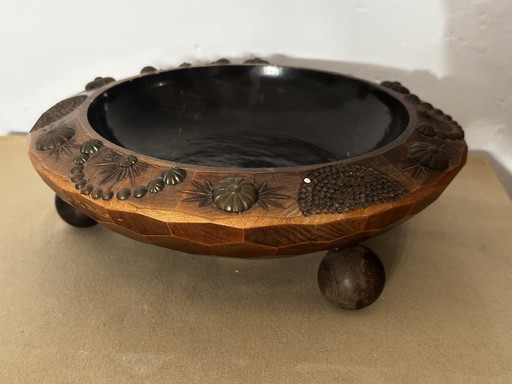 Vide Poche Tripode en Bois Sculpté ornements Metal - Mi-XX e siècle 