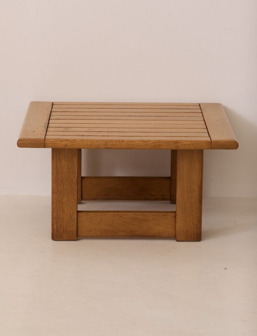 Vintage square coffee table in solid elm wood, Dlg Regain, circa 1980