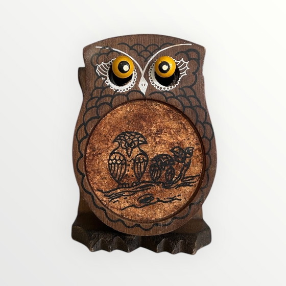 Image 1 of 6x Vintage Jaren 70 Onderzetters Uil - Bohemian Folk Art