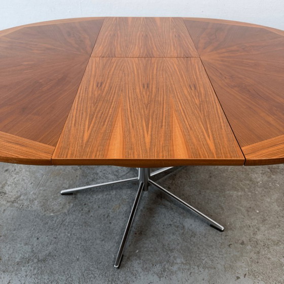 Image 1 of Mid-century round dining table, teak, chrome legs – extendable | 1960s