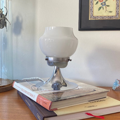 Vintage globe lamp in white opaline glass and chrome-plated metal