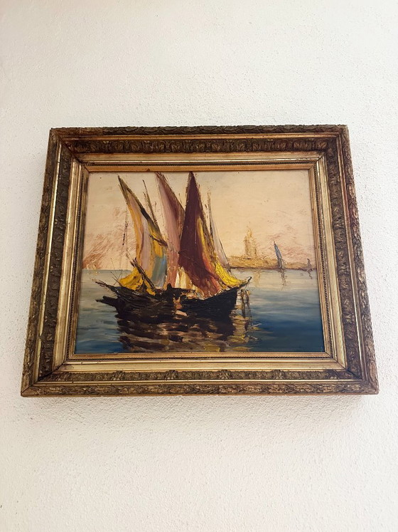 Very Old Impressionist Painting of a Mediterranean Port – Paintings & Drawings, Wood (photo 5 of 12)