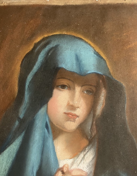 19th Century Virgin Mary Pastel, Blue Veil Madonna After Sassoferrato, Paintings & Drawings, Paper, Glass (photo 5 of 8)