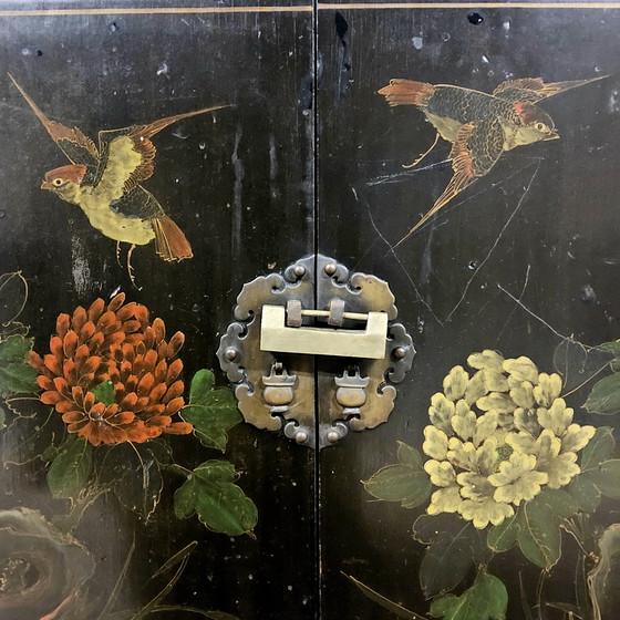 Image 1 of Vintage black Chinese lacquer cabinet with flowers and birds / bohemian / Asian / Oriental cabinet
