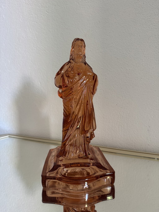 Grand Christ en verre rosé années 40