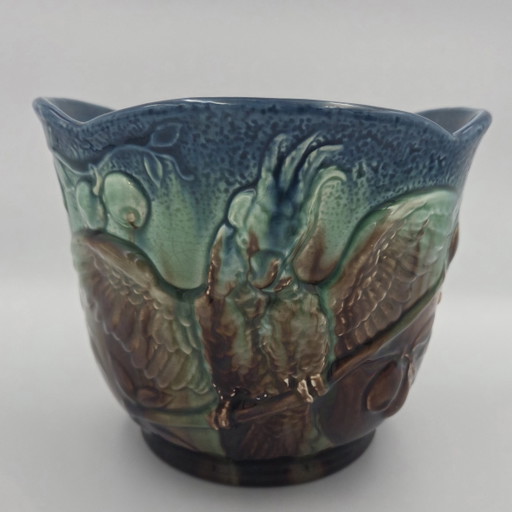 Majolica Barbotine Cachepot Cockatoo Art Nouveau