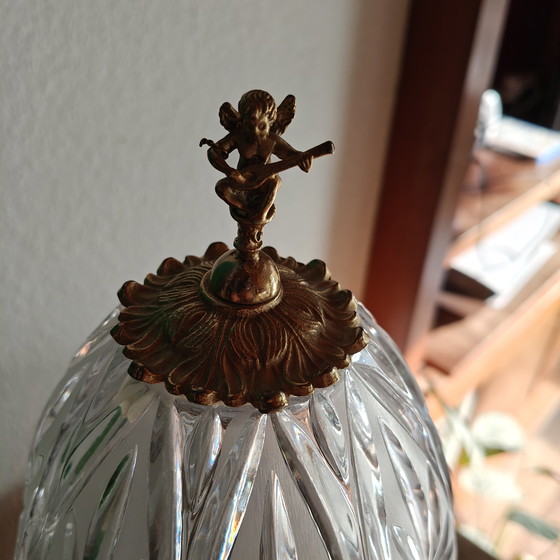 Image 1 of Vintage Crystal Table Lamp with Cherub – Heavy Cut Glass – Hollywood Regency Style