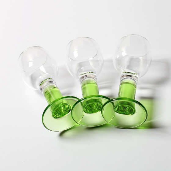 Image 1 of Set of 3 Vintage Limoncino Liquor Glasses / Green Stem Shot Stemware / Bormioli Rocco / Italy / 1970s