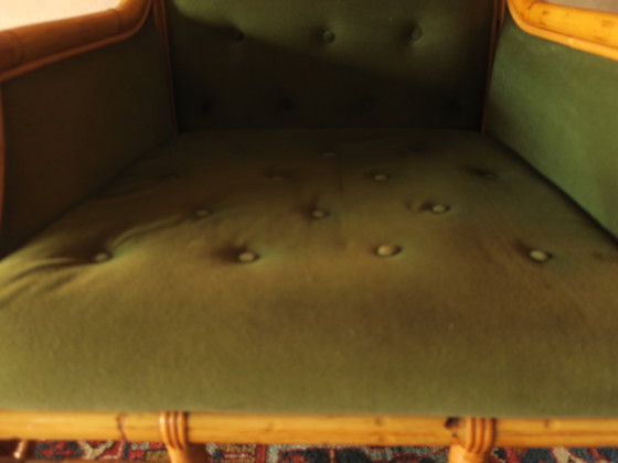 Image 1 of Sillón de orejas de mediados de siglo en bambú y verde oliva, década de 1960