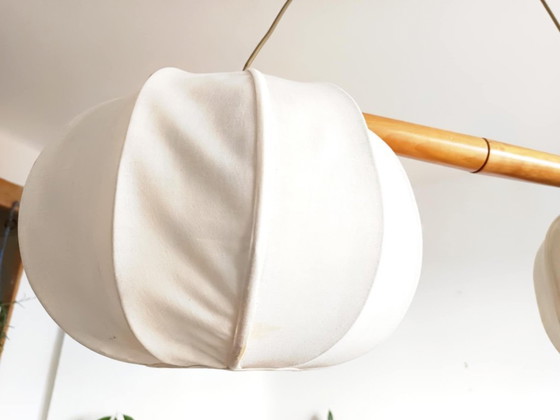 Image 1 of Vintage Scandinavische hanglamp, hout en stof
