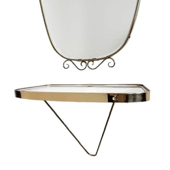 Image 1 of Vintage mid-century DeKnudt wandspiegel en wandconsole messing asymmetrisch acanthus 1960's