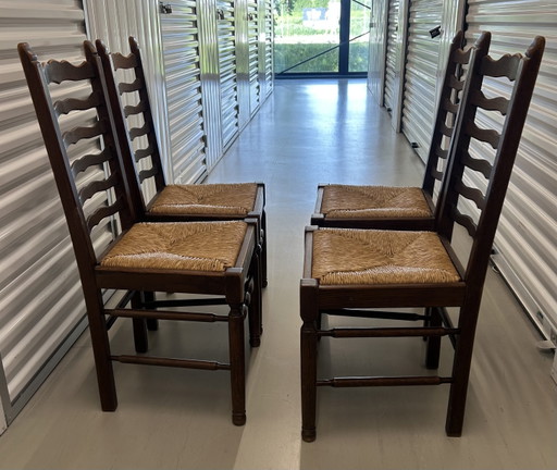4 Antieke houten eetkamerstoelen met rieten zitting – Rattan, Wood