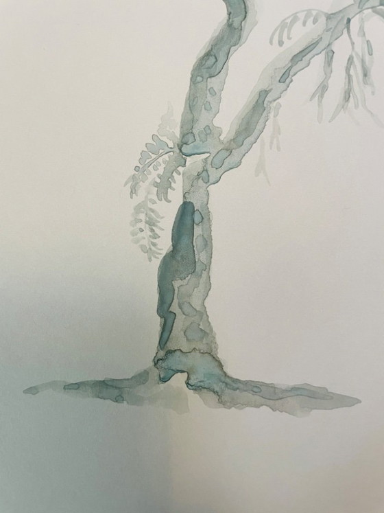 Image 1 of Signed watercolor, monochrome sage green landscape, "solitary tree"