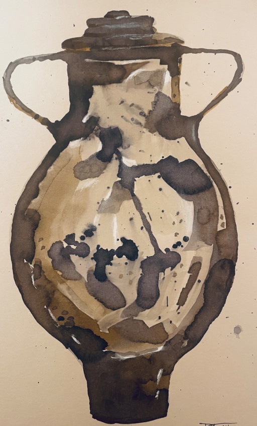 Signed watercolor and ink painting Wabi Sabi Sahara Vase