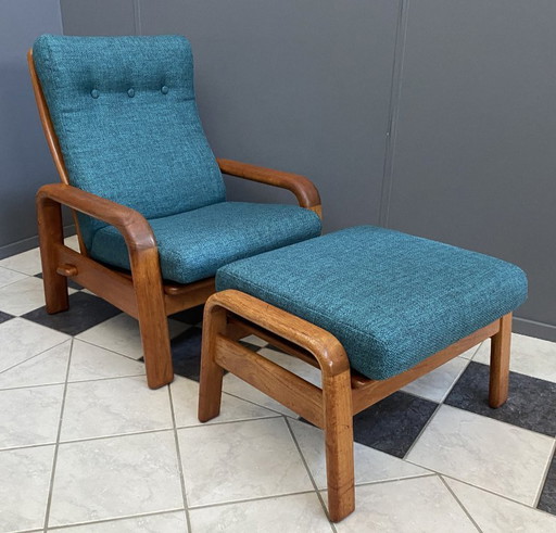 Fauteuil et repose-pieds en teck danois à dossier haut, par HS Denmark, années 1970 – stoelen fauteuils, Textile, Wood