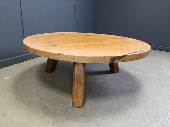 Image 1 of Großer, runder Couchtisch aus Holz im Stil des Brutalismus mit drei Gestellen, 1960er Jahre