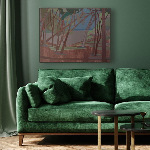 Peinture originale "Parfum de pin" 68cm x 52cm, avec cadre en bois véritable et accrochage