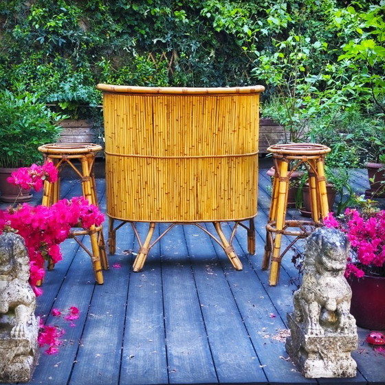 Image 1 of Tiki bar et ses tabourets vintage en rotin et bambou, France, 1950s