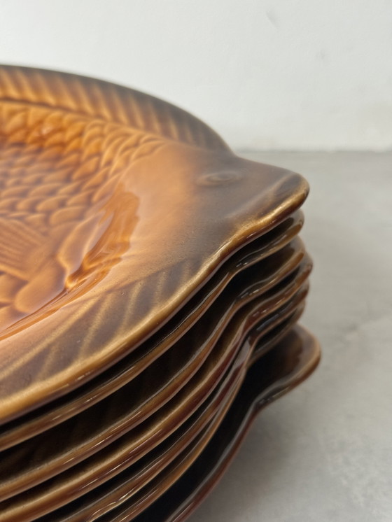 Image 1 of Ensemble de 8 assiettes à poisson vintage - Sarreguemines France (1960s)