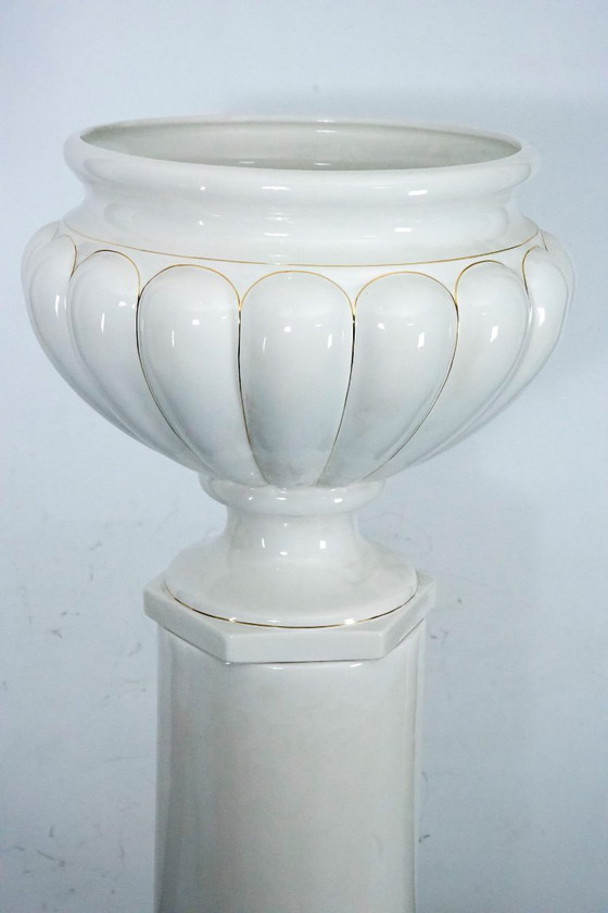 Image 1 of Tommaso Barbi Oversized White Ceramic Vase with Gold Details and Column, Italy 1970s