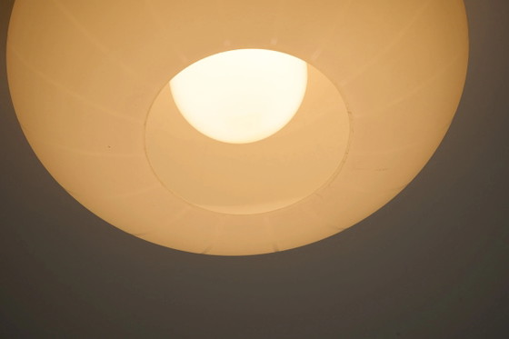 Large Striped Opaline Glass Flush Mount Ceiling Light, Metal, White (photo 3 of 11)