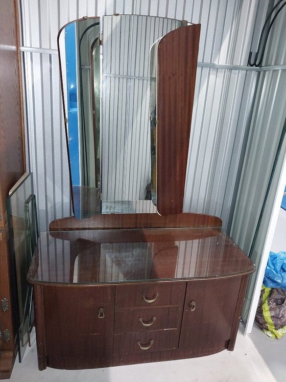 Coiffeuse années 60 avec miroir triptyque, Bois, Verre, Marron, 1960 (photo 3 sur 7)