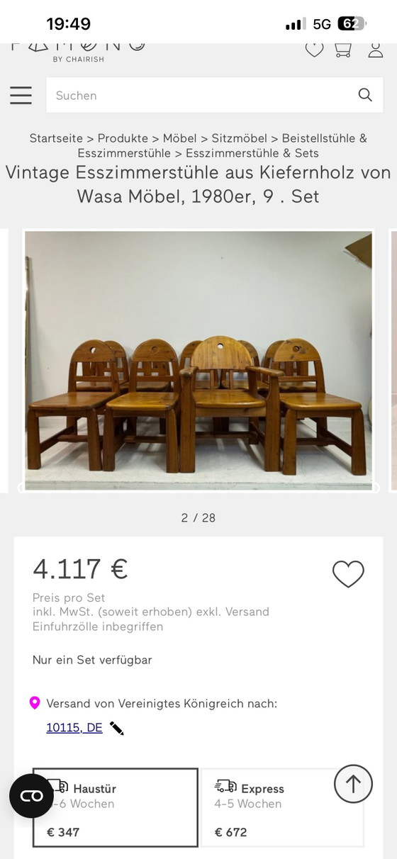 Image 1 of 5 Wasa Furniture eetkamerstoelen | Brutalistische designklassiekers | Scandinavische massief houten stoelen uit de jaren 70