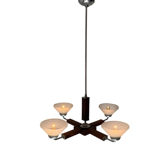 Image 1 of Lampadario Art Déco - Ca. 1930, Cecoslovacchia - Vetro satinato, impiallacciatura in noce e struttura in metallo cromato - 4 lam
