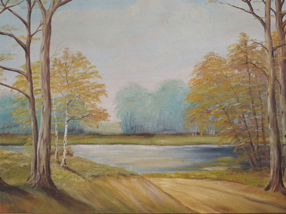 Image 1 of Peinture "Deux bouleaux près de l'étang", design scandinave, années 1970