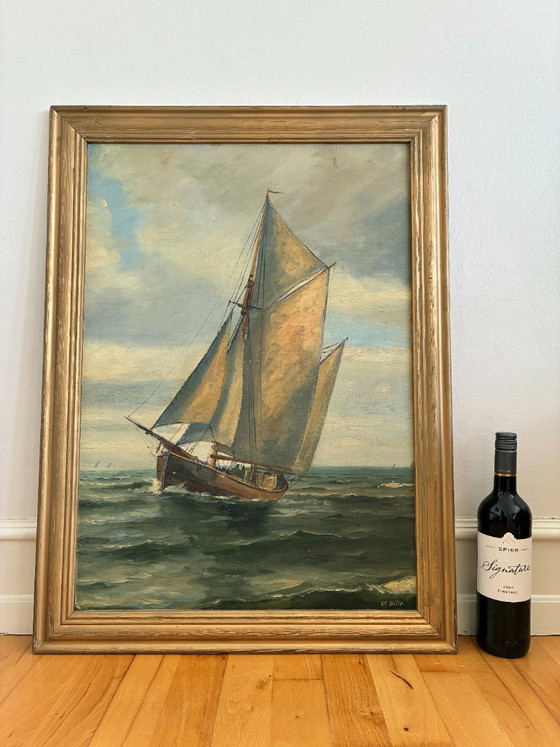 Dipinto a olio vintage firmato, veliero, paesaggio marino – Dipinti e disegni, Canvas (photo 11 of 13)