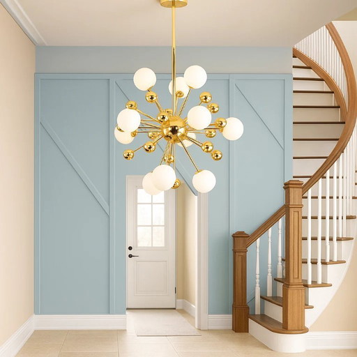 Lustre à onze bras en sphère dorée et blanche