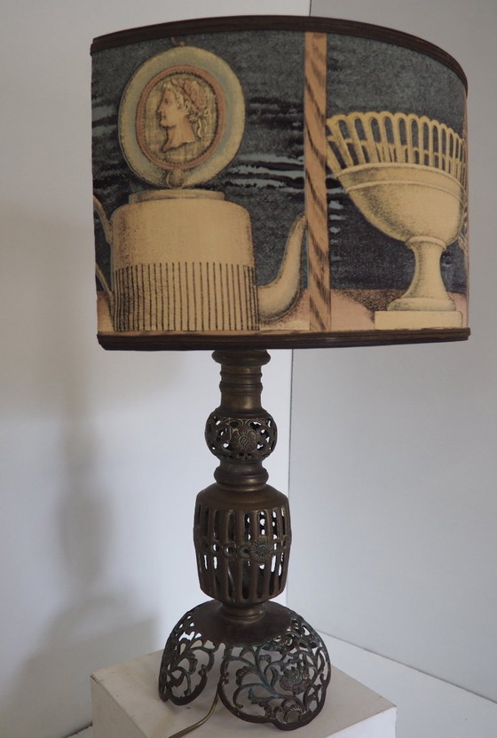 Image 1 of Large Filagree bronze table lamp/shadow Fornasetti fabric