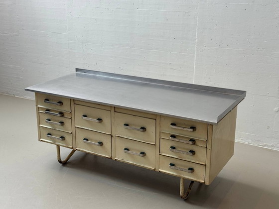 Image 1 of Industriële dressoir met roestvrijstalen blad, authentiek studio meubilair uit de jaren 50