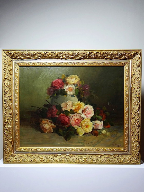 Image 1 of Large antique oil painting on canvas, bouquet of roses, signed, circa 1890-1910