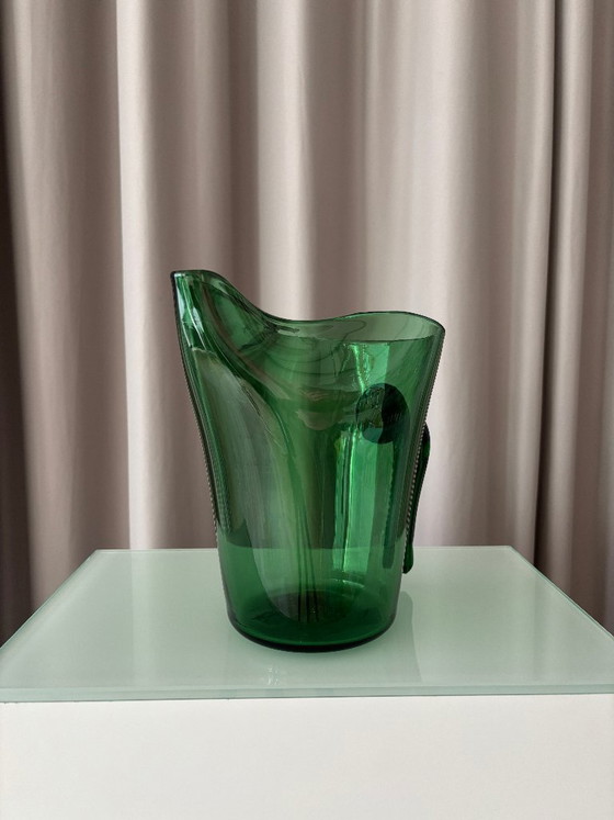 Vintage Emerald Green Art Glass Pitcher, Sculptural Organic Design, Glass & Decanter, Organic Modern (photo 2 of 11)