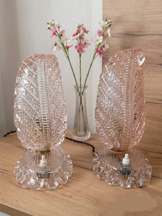 Image 1 of Seltenes Paar „Foglia“-Tischlampen von Barovier & Toso – Muranoglas – Rosa, 1960er Jahre