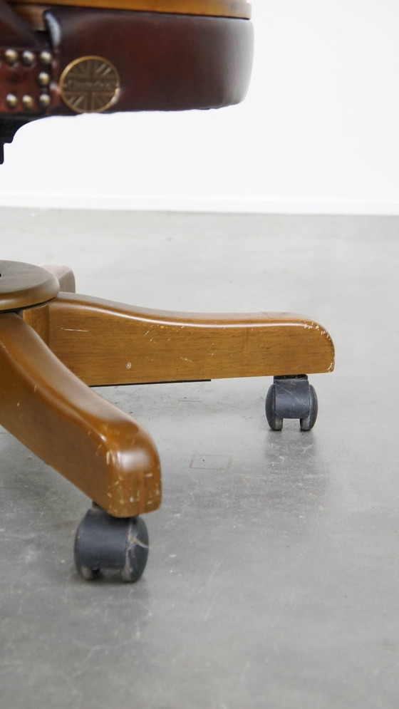 Image 1 of Brown height adjustable cowhide leather and wood chesterfield office chair on wheels