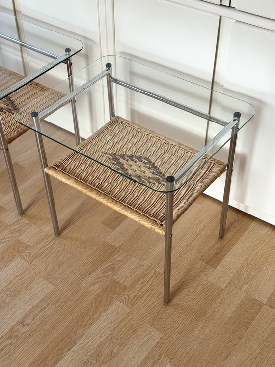 Image 1 of Set of vintage side tables/side tables with chrome, wicker and glass - 1970s