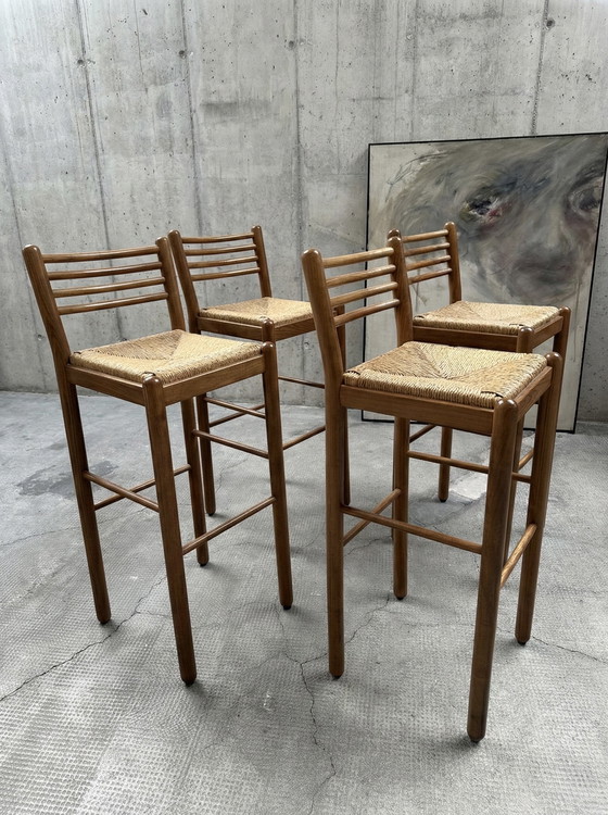 Image 1 of 4x SGABELLI DA BAR IN VIMINI DI ROVERE MASSELLO
