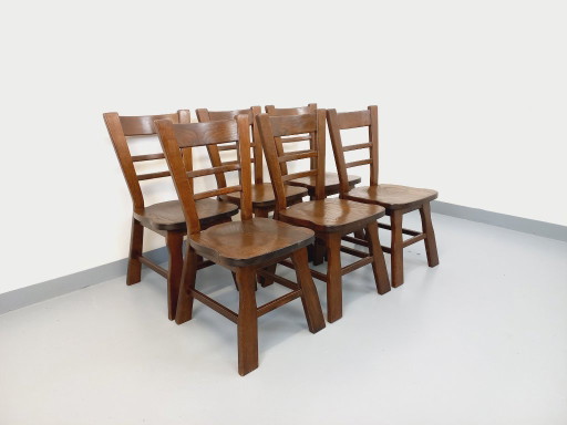 Set di 6 sedie vintage in rovere in stile brutalista degli anni '50.