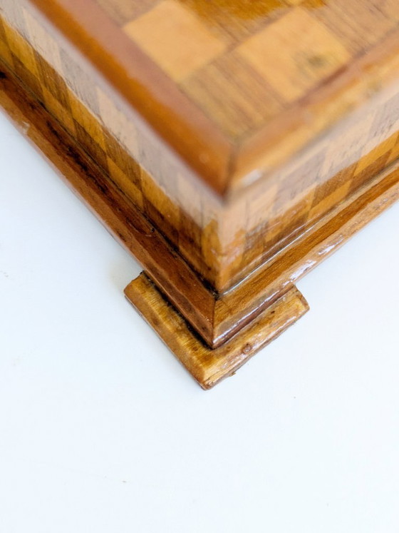 Image 1 of Midcentury Handmade Wooden Trinket Box, Dog Figurine Lid Checkered Pattern, Quirky Decor