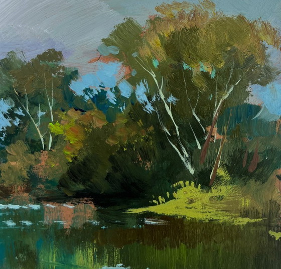 Image 1 of Original Oil Painting Summer Nature Landscape The rain is approaching the river