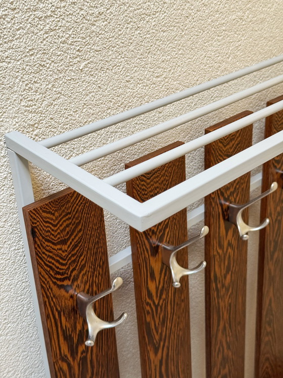 Image 1 of Vintage Retro Wooden Coat Rack with 24 Hooks, Mirror and Storage