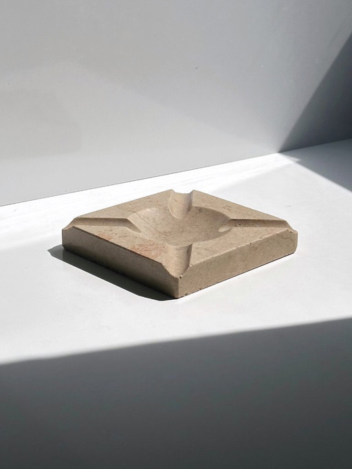 Cenicero Travertino Vintage Años 70 Italia Beige Piedra Mármol Carrara Mediados de Siglo